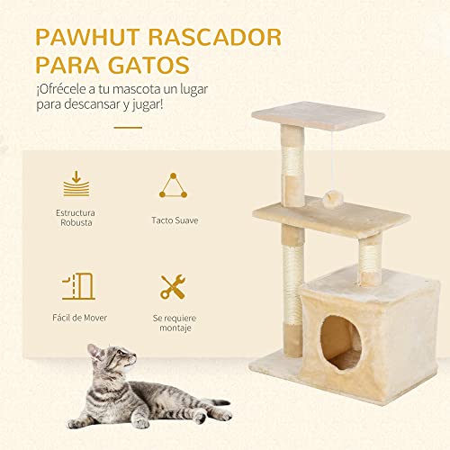 PawHut Árbol Rascador para Gatos Centro de Múltiples Actividades de Mascotas con Postes Sisal Plataformas Caja Bola Colgante Estilo Elegante 50x30x80 cm Beige