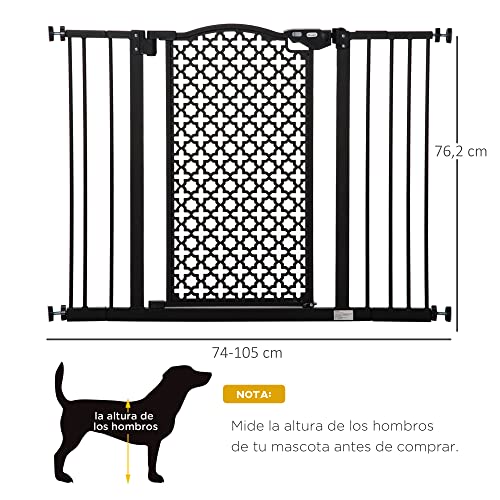 PawHut Barrera de Seguridad de Perros Mascotas para Puertas Escaleras Pasillos 74-105 cm con 2 Extensiones de 10/15 cm con Puerta y Cierre Automático Acero Negro