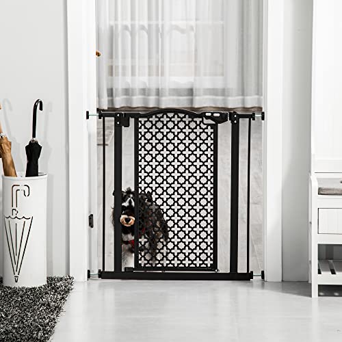 PawHut Barrera de Seguridad de Perros Mascotas para Puertas Escaleras Pasillos 74-80 cm con Puerta y Cierre Automático Acero Negro