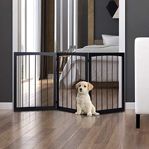 Pawhut Barrera de Seguridad Plegable de 3 Paneles Portátil para Mascotas Rejilla de Protección para Perros Pequeños 160x76 cm para Puertas Escaleras Pasillos Café Oscuro