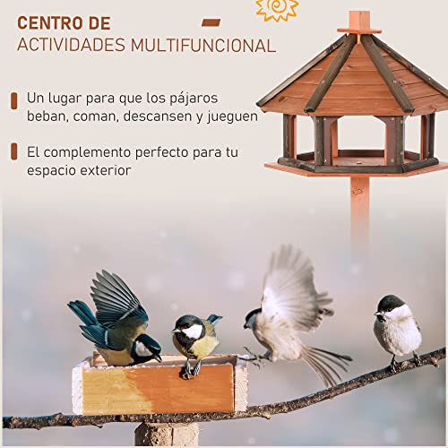 Pawhut Comedero para Pájaros de Pie de Madera Maciza Ø52x130 cm con Techo Alimentador de Aves Silvestres para Exterior Jardín Natural