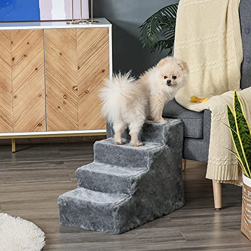 Pawhut Escalera para Mascotas de 4 Peldaños 2 en 1 con Funda Extraíble y Lavable Escalera Rascadora de Perros Gatos para Cama Sofá Carga 30 kg 60x35x44 cm Gris
