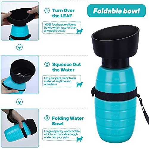 Pecute Botella de Agua para Mascotas con Cuenco de Agua Plegable Botella de Agua de Silicona de Grado Alimentario para Perros Gatos, 100% Libre de Fugas de Agua(M: 650ml/ 22oz)
