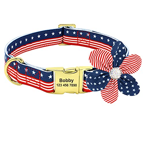 PET ARTIST Collar de perro con bandera americana, collar de perro personalizado y personalizado con lazos de flores, collar patriótico para hombre y mujer, rojo, M