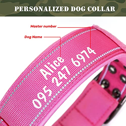 PET ARTIST Collar de perro militar ajustable con nombre y número de teléfono de mascota personalizados, collar con hebilla de metal resistente para perros medianos grandes,rosa,XL