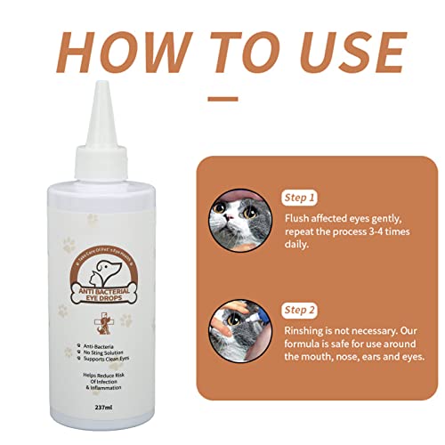 Pet Eye Wash Drops, 237 ml, gotas de ojos de perro, sin dolor, elimina la suciedad suave para caballos, gatos y perros.