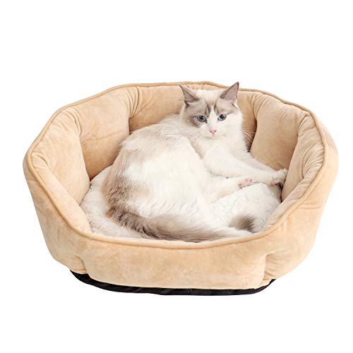 PETCUTE Cama de Perro Gato Mediano Sofá para Perro Lavable Cojín de Gato Ovalado Cama de Suave Gamuza para Mascotas Pequeños(Caqui 55 * 49 * 22cm)