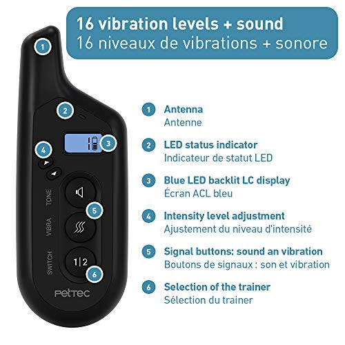 PetTec Vibra Trainer 2.0, Collar de adiestramiento con Fuerte vibración, 16 Niveles de vibración + señal acústica, Incl. Control Remoto con un Alcance de 300 m, batería Recargable, Impermeable IPX7