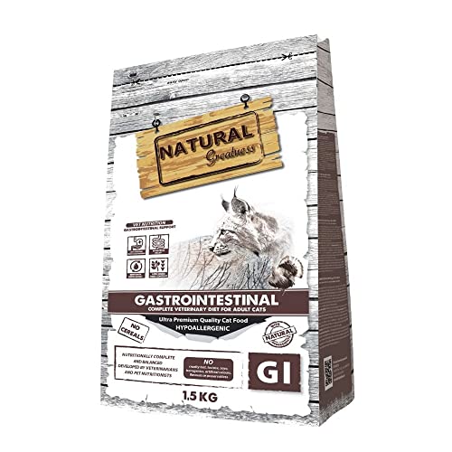 Pienso para Gatos Gastrointestinal Sin Cereales Natural Greatness + 6 Latas 200 grs | ANIMALUJOS (Saco 1,5 Kg + 6 Latas)