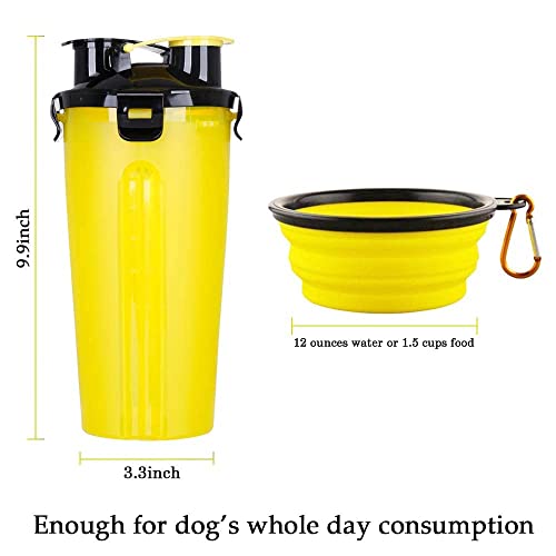 Powerking Botella de Agua para Perro, 350ml 2 en 1 PP para Mascotas, y Botella para Perro con 250 g Contenedor de alimento para Mascotas para Caminar/Viajar, tazones Plegables para Perros(Amarillo)