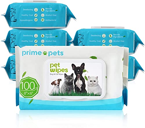 PrimePets 600 Piezas Toallitas Higiene Perro y Gato, Toallitas de Aseo de Cuidado para Mascotas Desodorizante Hipoalergénico 100% Libres de Fragancia, Naturales y Antibacterianas para la Limpieza