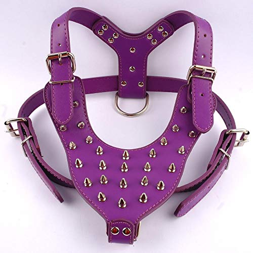 Púrpura fresco Ajustable pinchos de cuero tachonado arnés del perro Set cuello de la correa for grandes Pitbull del perro del boxeador mastín Arnés para mascotas ( Color : Purple , tamaño : Large )