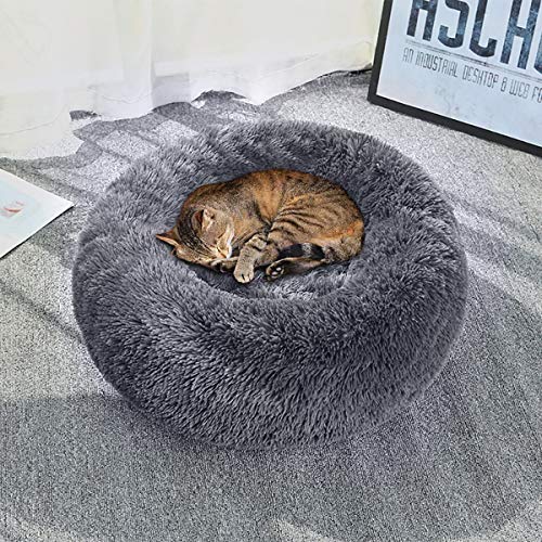 Queta Cama para mascotas de lujo, para gatos y perros pequeños y medianos, fácil de limpiar, cama para mascotas en forma de Doughnut (gris oscuro)