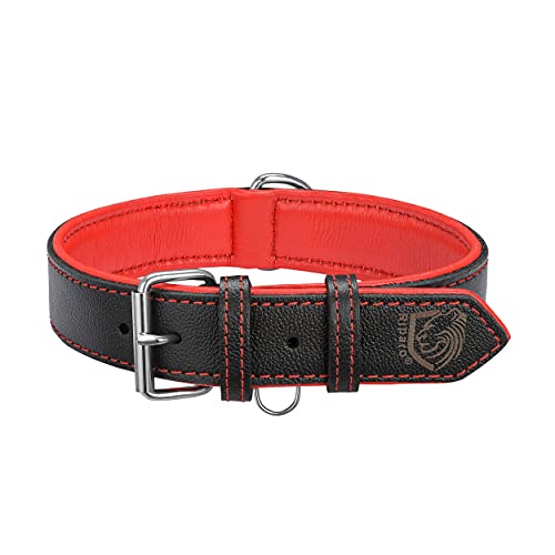Riparo Collar de perro acolchado de cuero genuino Collar de mascota ajustable K-9 fuerte (L: 3,8cm de ancho para cuello de 45,7cm - 53,3cm, Hilo Negro/Rojo)