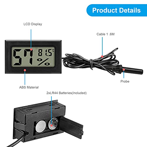 RUIZHI 2 Pack Termómetro Digital Higrómetro, 2-en-1 LCD Medidor de Temperatura y Humedad con Sonda Externa para Incubadoras, Tanque de Reptiles, Acuario
