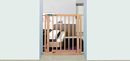 Safety 1st Easy Close Wood - Barrera de seguridad bebés, niños y perros, puerta de seguridad 73 cm hasta 80.5 cm con extensiones, color madera natural
