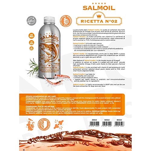 SALMOIL by NECON PET FOOD Receta 2, alimento complementario / alimento para perros y gatos a base de aceite de salmón noruego y krill 950ml, rico en vitamina E, Omega3, sin conservantes, Made in Italy