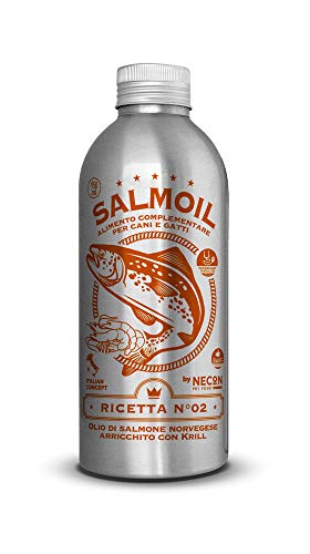 SALMOIL by NECON PET FOOD Receta 2, alimento complementario / alimento para perros y gatos a base de aceite de salmón noruego y krill 950ml, rico en vitamina E, Omega3, sin conservantes, Made in Italy
