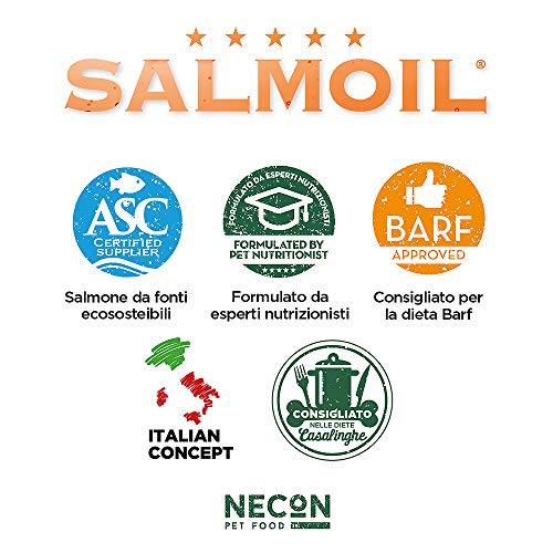 SALMOIL by NECON Pet Food Receta 2, alimento complementario/alimento para Perros y Gatos a Base de Aceite de salmón Noruego y Krill 500ml, Rico en Vitamina E, Omega3, sin conservantes, Made in Italy