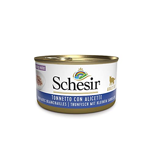 Schesir, Comida húmeda para Gatos Adultos, Sabor bacoreta con anchoas en gelatina Blanda - Total 2 kg (24 latas monodosis x 85 gr)