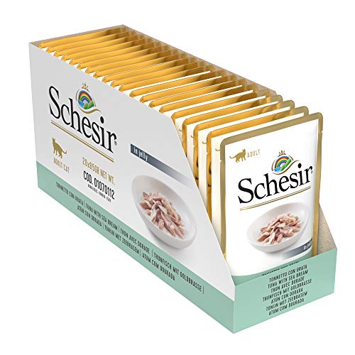Schesir, Comida Húmeda para Gatos adultos, sabor bacoreta con dorada en gelatina blanda - Total 1,7 kg (20 sobres x 85 gr)