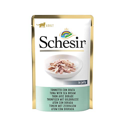 Schesir, Comida Húmeda para Gatos adultos, sabor bacoreta con dorada en gelatina blanda - Total 1,7 kg (20 sobres x 85 gr)