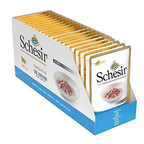 Schesir, Comida Húmeda para Gatos Adultos, Sabor bacoreta en gelatina Blanda - Total 1,7 kg (20 Sobres x 85 gr)