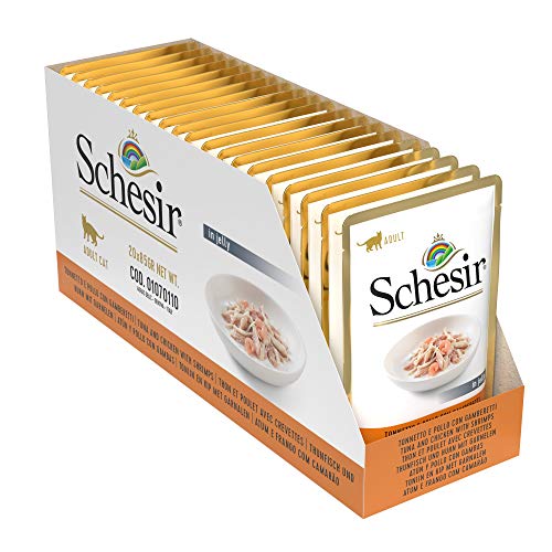 Schesir, Comida Húmeda para Gatos Adultos, Sabor bacoreta y Pollo con camarones en gelatina Blanda - Total 1,7 kg (20 Sobres x 85 gr)
