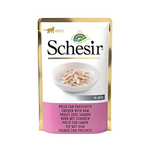 Schesir, Comida Húmeda para Gatos Adultos, Sabor filetes de Pollo con jamón en gelatina Blanda - Total 1,7 kg (20 Sobres x 85 gr)