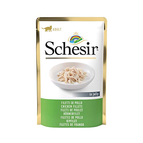 Schesir, Comida Húmeda para Gatos Adultos, Sabor filetes de Pollo en gelatina Blanda - Total 1,7 kg (20 Sobres x 85 gr)