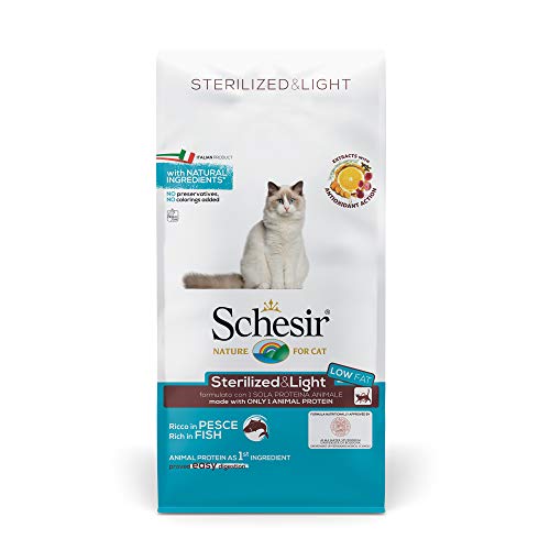 Schesir, pienso para Gatos Adultos esterilizados o en sobrepeso, línea Light Sabor Pescado, croquetas - Formato Bolsa de 10 kg