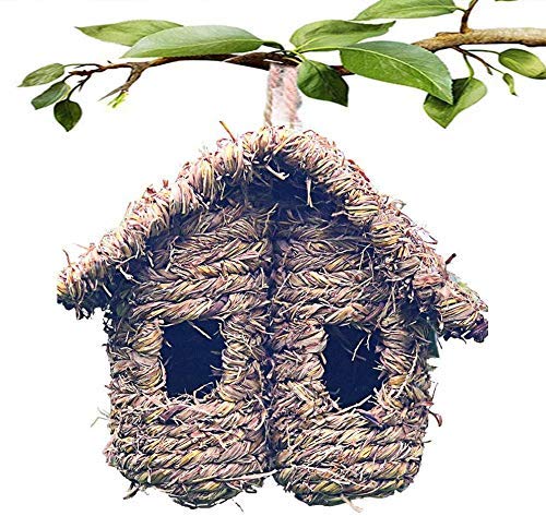 SLU - Nido para pájaro, hierba, caseta exterior para pájaros, canarias, nido de wren, fibra tejida a mano, hideaway Sparrow House for Finch (marrón)