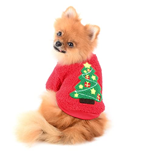 SMALLLEE_LUCKY_STORE Suéter de Navidad Sherpa para perro, sudadera de forro polar para cachorros, perros pequeños, gatos, Yorkie Chihuahua, abrigo cálido de invierno, árbol de Navidad