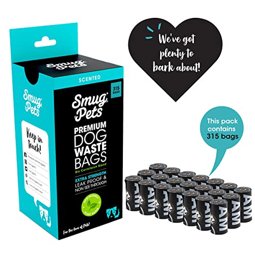 SmugPets 315 Bolsas biodegradables para excrementos con dispensador y Clip para Correa - Extragrandes y perfumadas