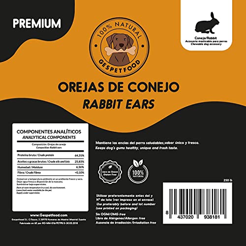 Snack Natural para Perros - 2 Bolsa de 250 Gr. - Orejas de Conejo para Perros - 100% Conejo - Sin OGM - Mantiene Las Encías Saludables - 100% Natural - Fabricado en España - GESPETFOOD