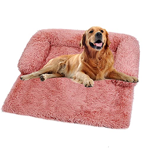 Sofá de felpa ultra suave para perros, cama de perro, mantas medianas y calmantes para mascotas, cojines desmontables lavables para mascotas para perros grandes pequeños (102 x 90 x 20 cm), color rosa