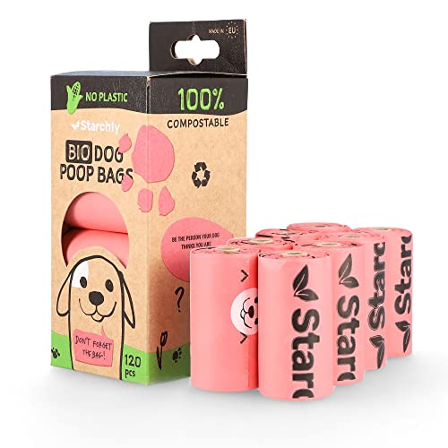 Starchly Bolsas biodegradables para excrementos de perro ecológicas a prueba de fugas, 120 bolsas (8 rollos de 15 unidades), color rosa