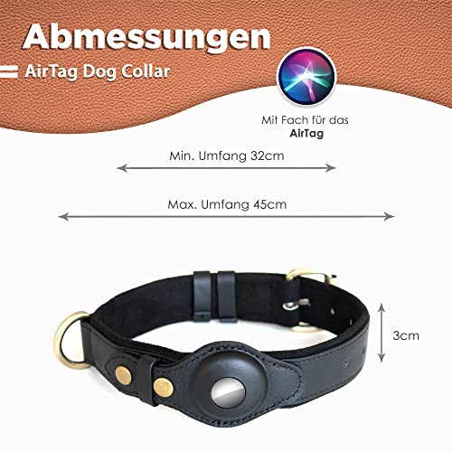 Steinweber Collar de perro con compartimento para AirTag, talla M, circunferencia de 32 a 45 cm, cuero auténtico, acolchado, ajustable, resistente, funda para AirTag – Negro