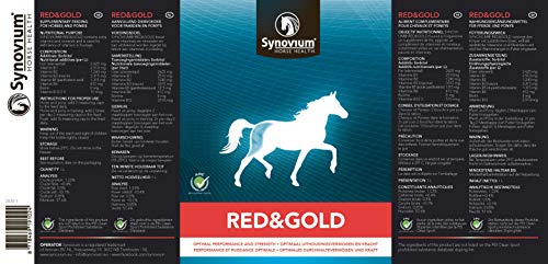 Synovium® Red & Gold 1000 ml es un complemento alimenticio para caballos rico en vitaminas y minerales, especialmente hierro