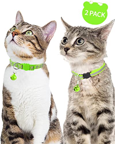 Taglory Collar Gato Reflectante, 2 Piezas Collares para Gatos con Cascabeles y Hebilla Seguro de Liberación Rápida, 19-32cm Verde