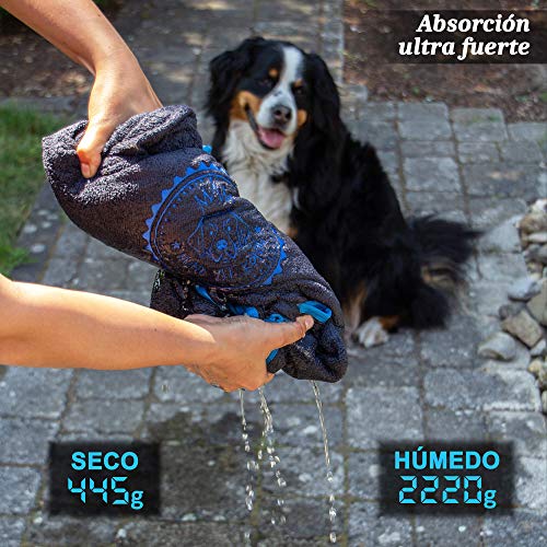 Toalla para perros prémium extra absorbente, ultra suave y esponjosa, toalla para perros de microfibra de alto rendimiento con 4 orificios, lavable a 60°, secado rápido, 130 x 75 cm