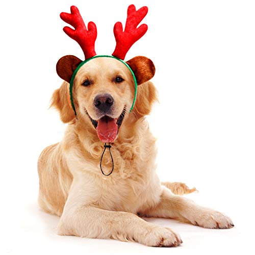 Toozey Dog Christmas Headband, Disfraz de Navidad para Perros Liviano y Suave, Asta de Reno de Navidad con Orejas para Perros, Diadema de Asta de Reno Ajustable
