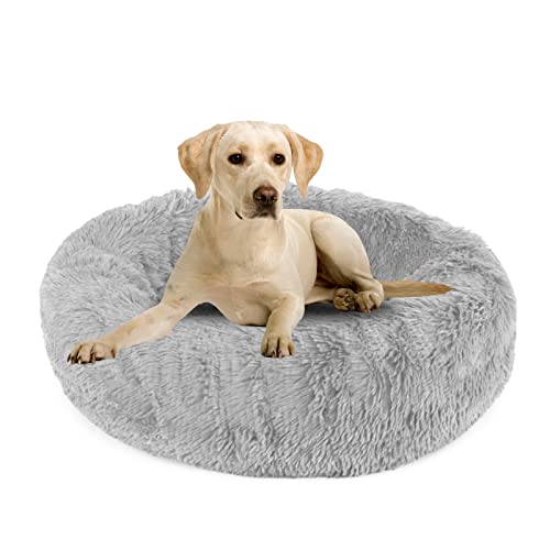 TUAKIMCE Cama redonda con forma de donut para mascotas, para gatos o perros grandes, suave peluche redondo, cesta para perros, lavable, diámetro de 80 cm, color gris claro