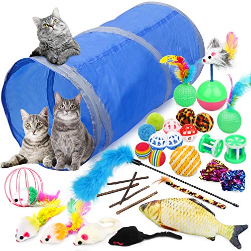 Vanplay Juguetes Gatos Interactivos 32 Piezas con Tunel, Ratones, Catnip, Pescado, Pelotas para Gatos