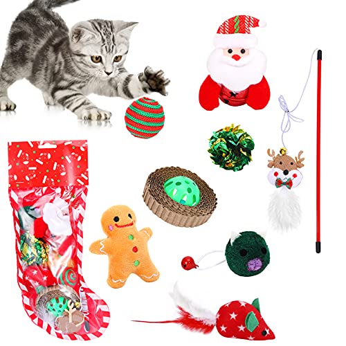 VavoPaw Juego para Gatos con Calcetín Navideño, 8 PZS Juguetes Interactivos Diferentes Divertidos de Felpa Suave con Media Regalo Navidad para Gatitos Mascotas, Rojo