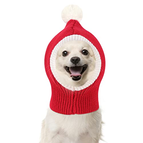 VavoPaw Sombrero de Navidad para Perros, Gorro de Tejido Elástico Suave con Pompón Adorable Invierno Cálido Protector Cuello Orejas Navideño Bufanda para Mascotas Fiestas Disfraces, Rojo