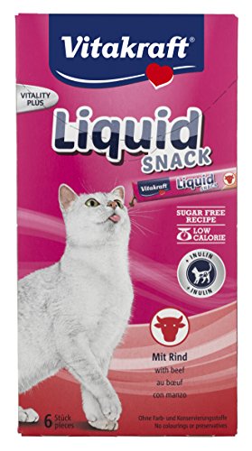 Vitakraft - Cat Liquid Snack líquido para Gatos, Variedad Ternera e Inulina - Contiene 6 envases monodosis de 15 g, 90 g