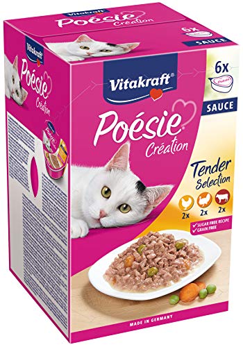 Vitakraft - Poésie Sauce, Pack de Menús en Salsa para Gatos, Variedades Pollo, Ternera y Pavo - 6 unidades x 85 g