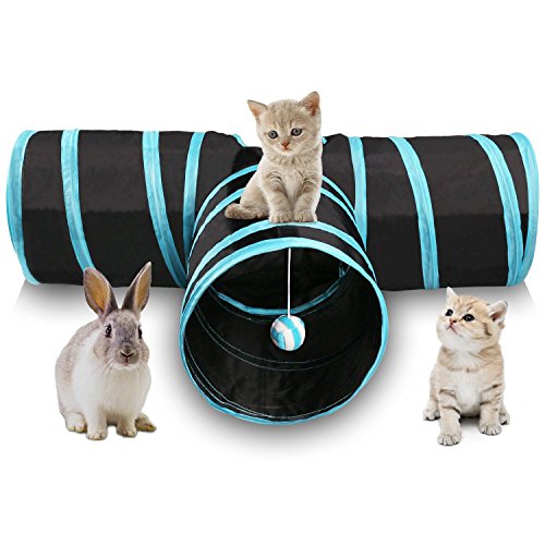 WOVELOT Tunel de Gato de 3 Maneras Juego de Gato Plegable para Mascotas Tunel con Bola Que Suena, Tubo de Diversion Espacioso para Gato Perrito Gatito Azul + Negro