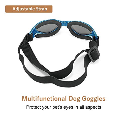 XUNKE Gafas de Sol para Perros, Perro Gafas para Perros pequeños y medianos Impermeable Plegable Protector Ocular Protección UV Antivaho (Azul)